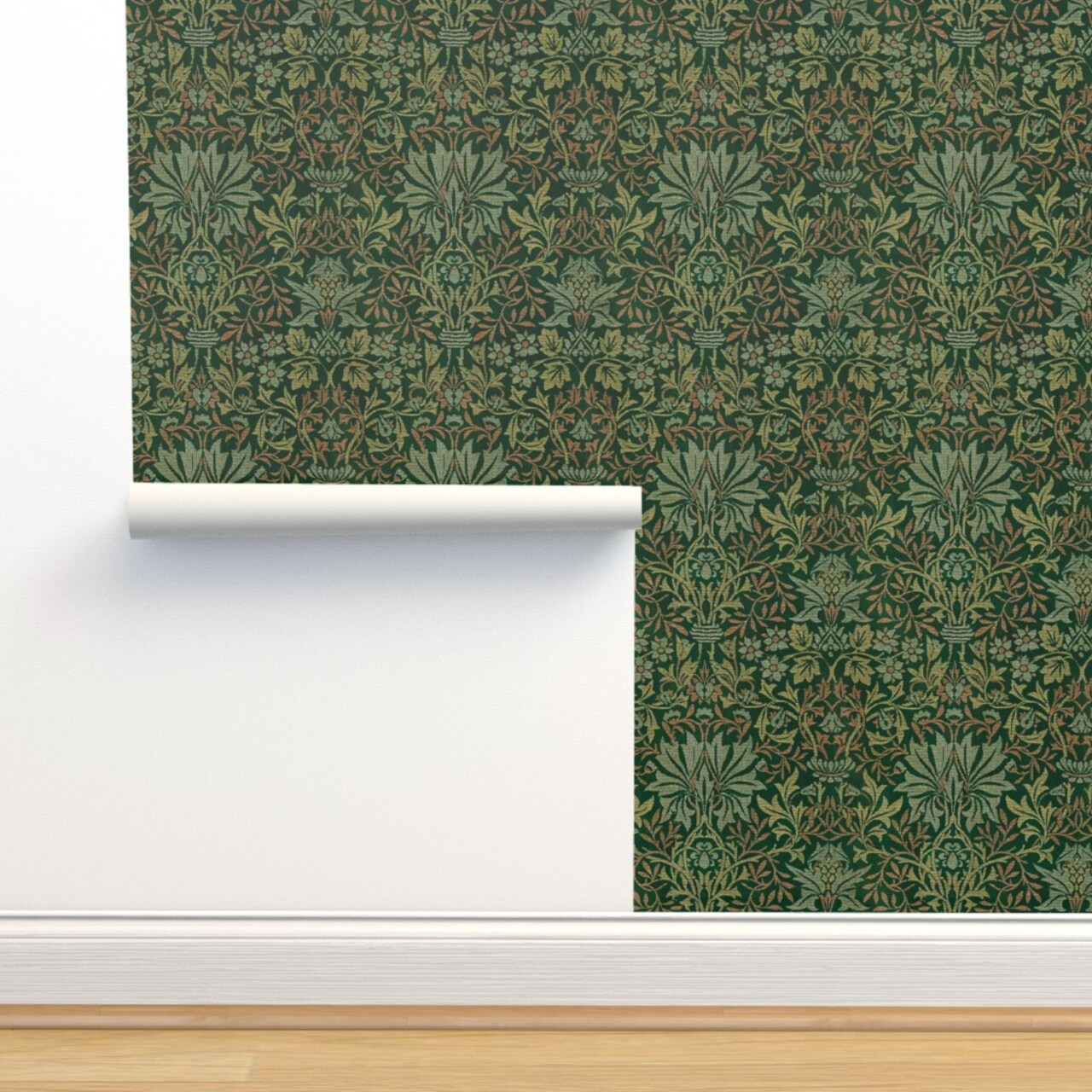 Arts And Crafts Woven Look Vintage Inspired Victorian Floral Morris Custom Removable Wallpaper by Spoonflower Peel & Stick Wallpaper 2FT Wide
